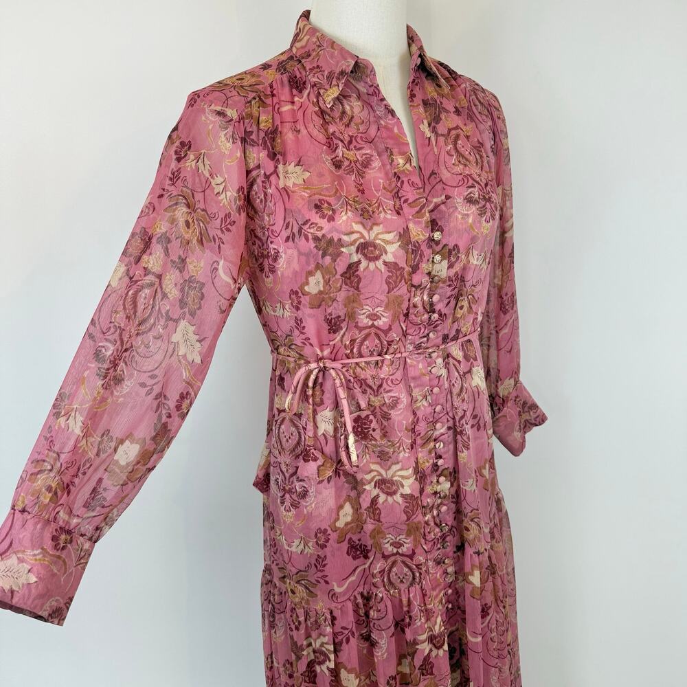 MISA Los Angeles Sheer Chiffon Maxi Dress Button-Down XS Pink/Brown - Picture 5 of 10